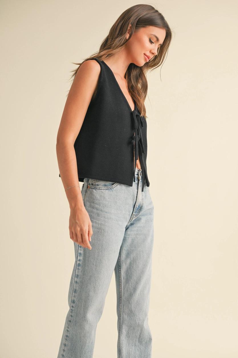 Tied Front Knitted Vest - Black