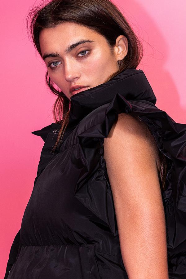Ruffle Sleeve Crop Down Vest - Black