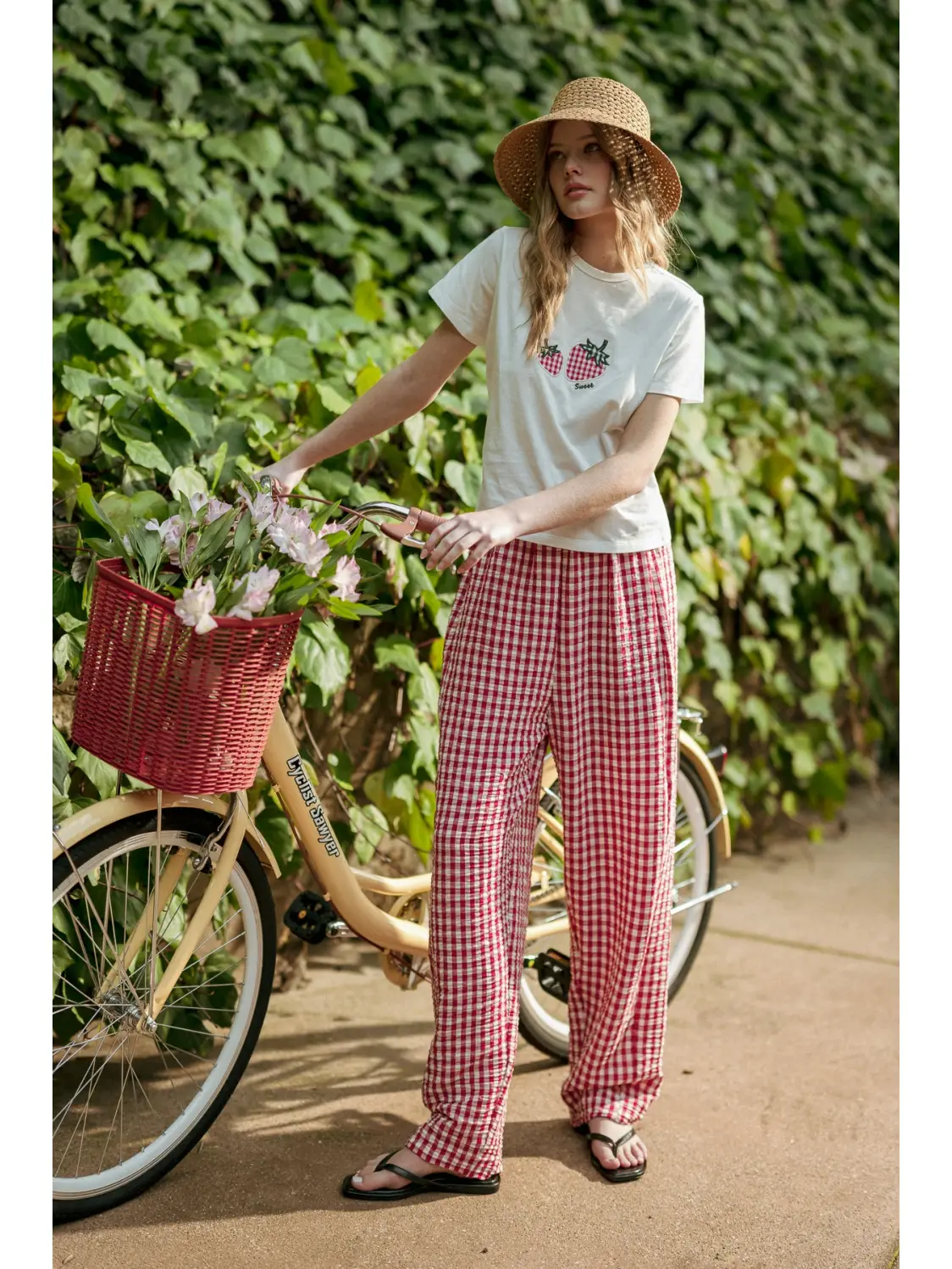 Gingham Pattern Elastic Band Waist Pants - RED & WHITE