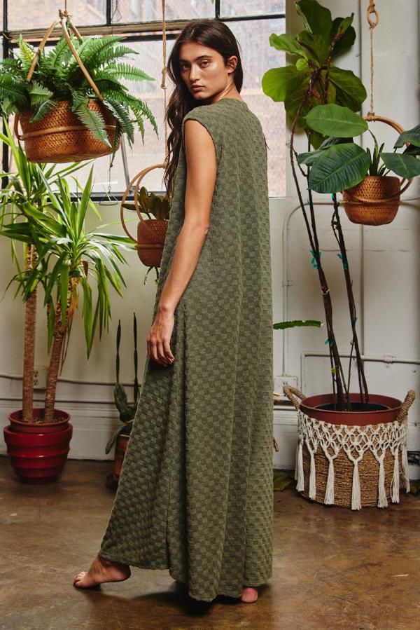 Wide Leg Chess Board Textured Brushed Knit Jumpsuit - Olive