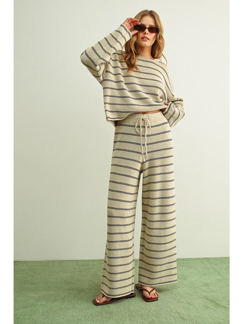 Striped Pattern Knitted Pants - STONE/BLUE