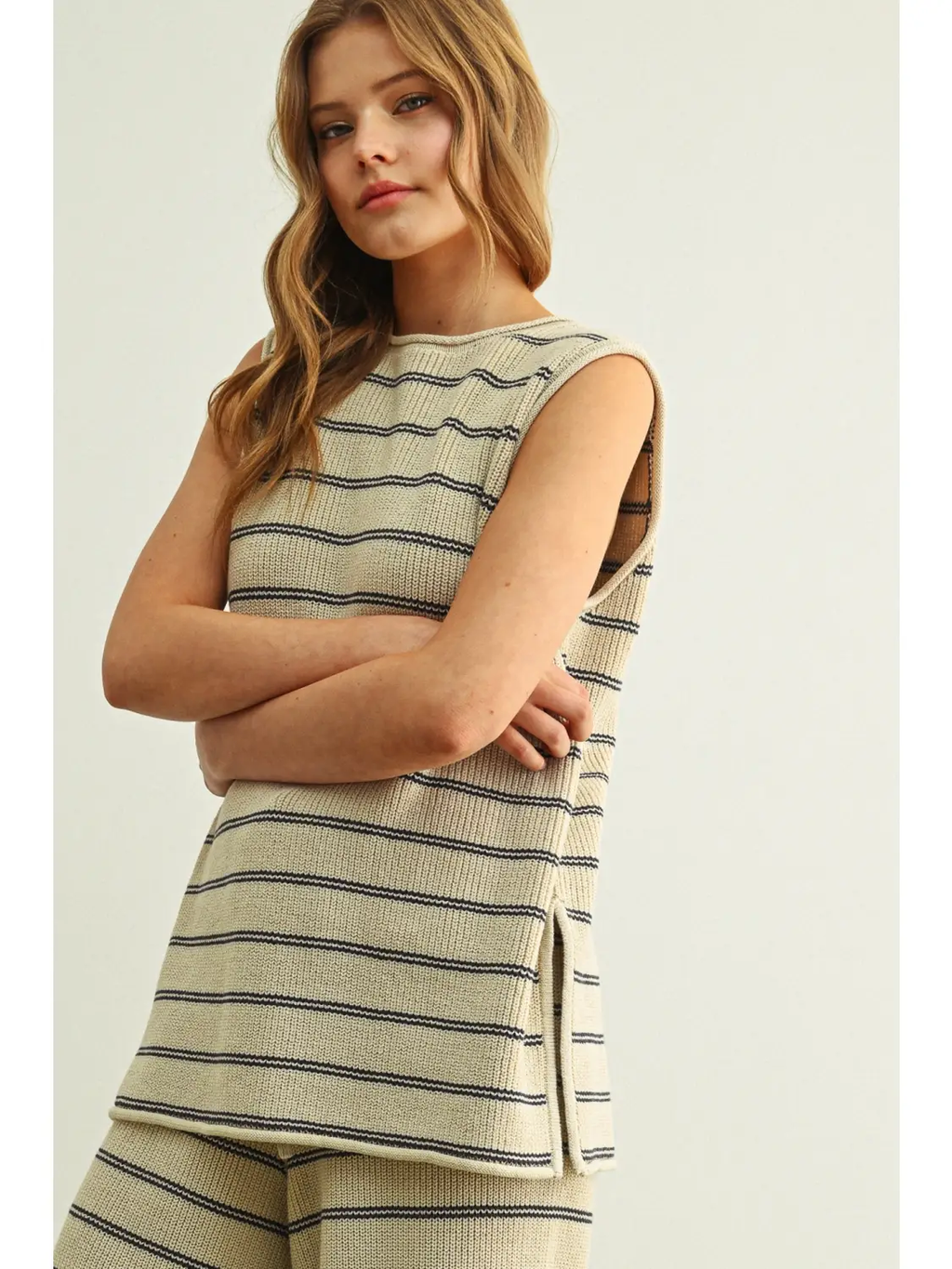 Striped Pattern Knitted Top - STONE/BLUE