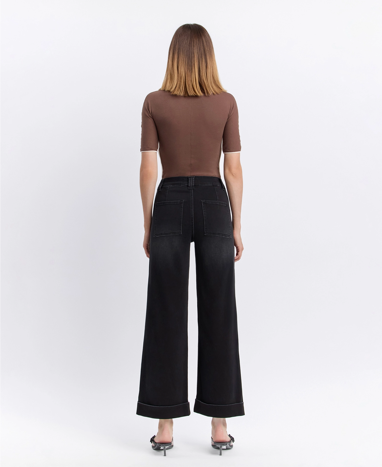 High Rise Cuffed Baggy Wide Jeans - Black