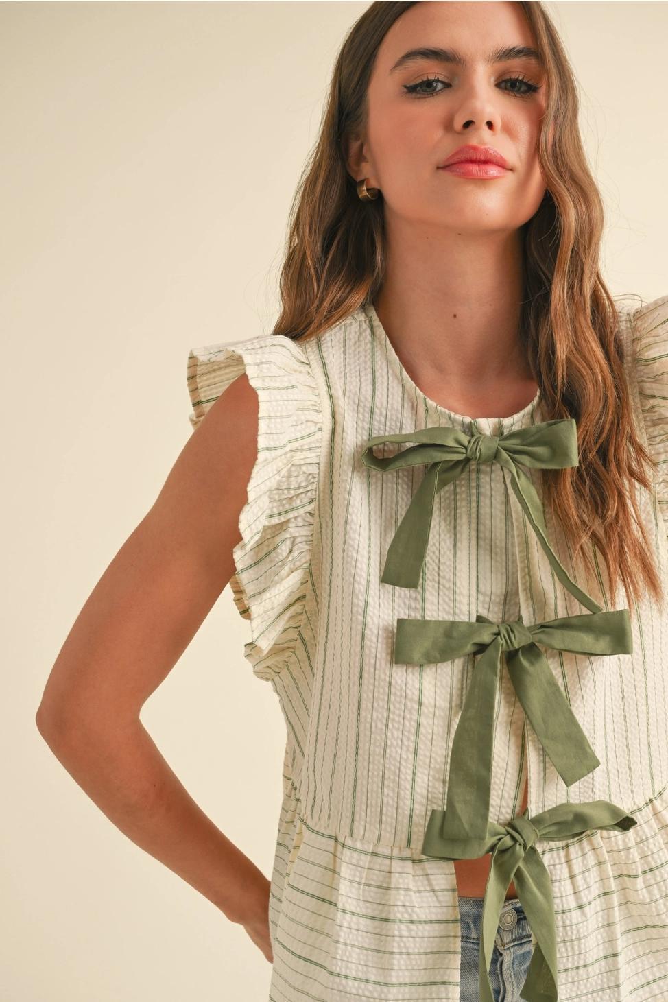 Striped with Tie Front Ruffle Sleeveless Blouse - Green