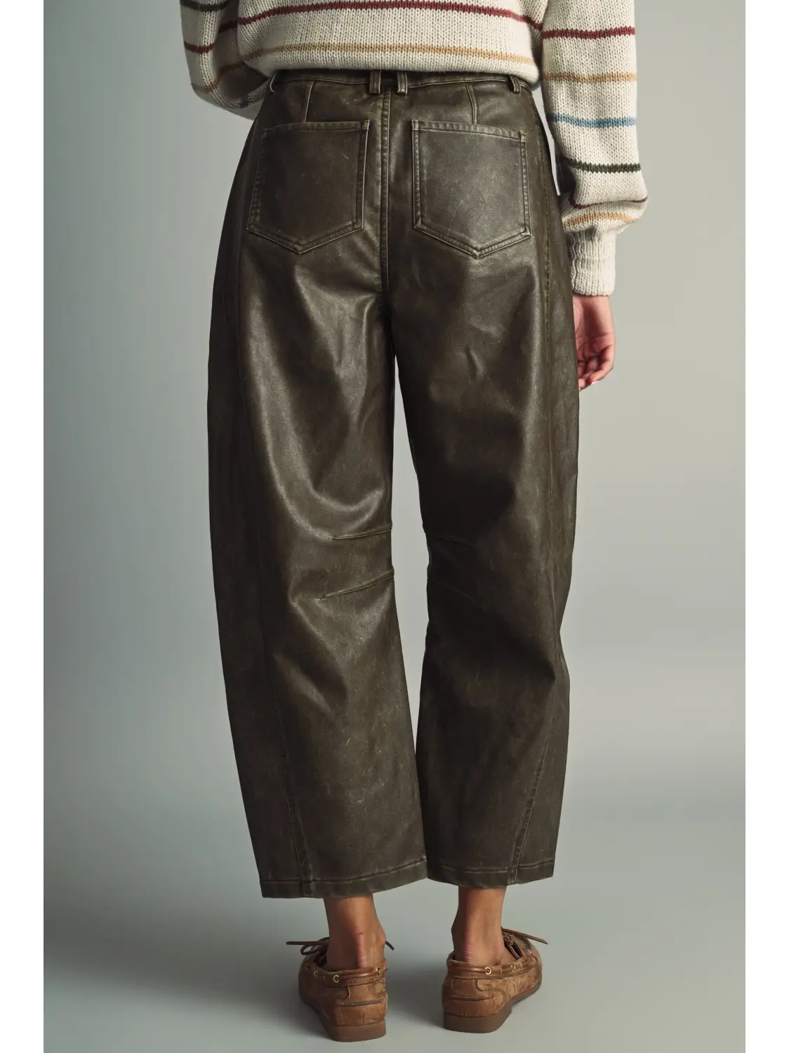 Washed Effect Barrel Pu Pants - BROWN