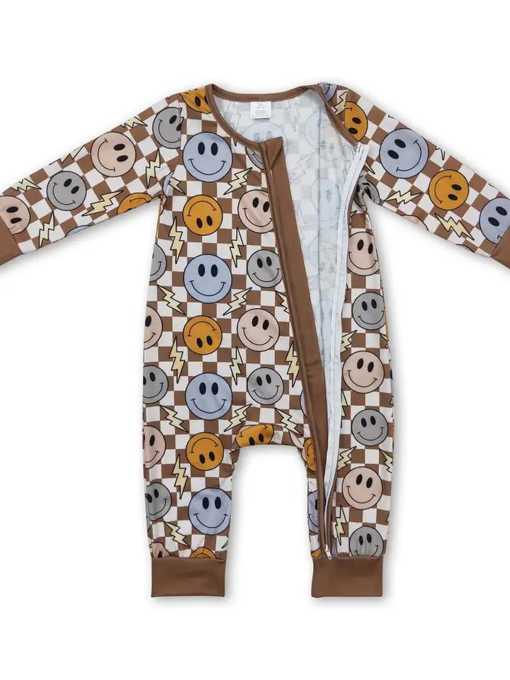 Long Sleeves Smile Plaid Baby Kids Bamboo Zipper Romper