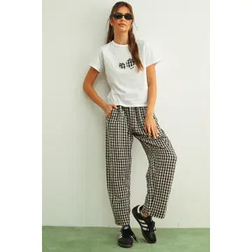 Gingham Pattern Elastic Band Waist Pants - BLACK/WHITE