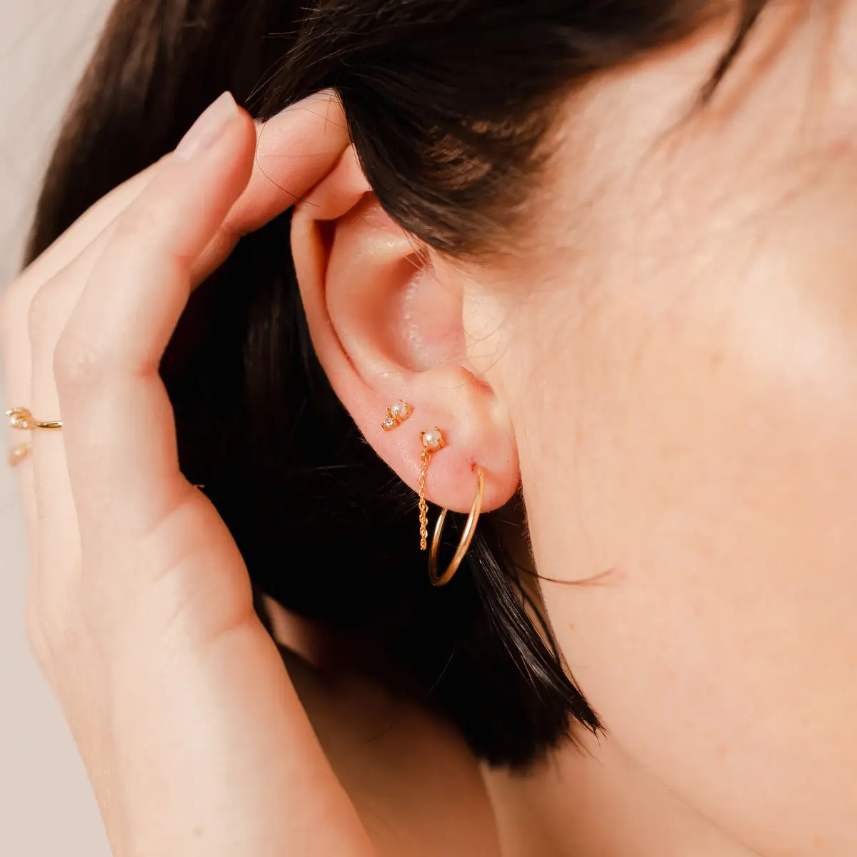 Made By Mary Pearl Chain Huggie Studs - Gold