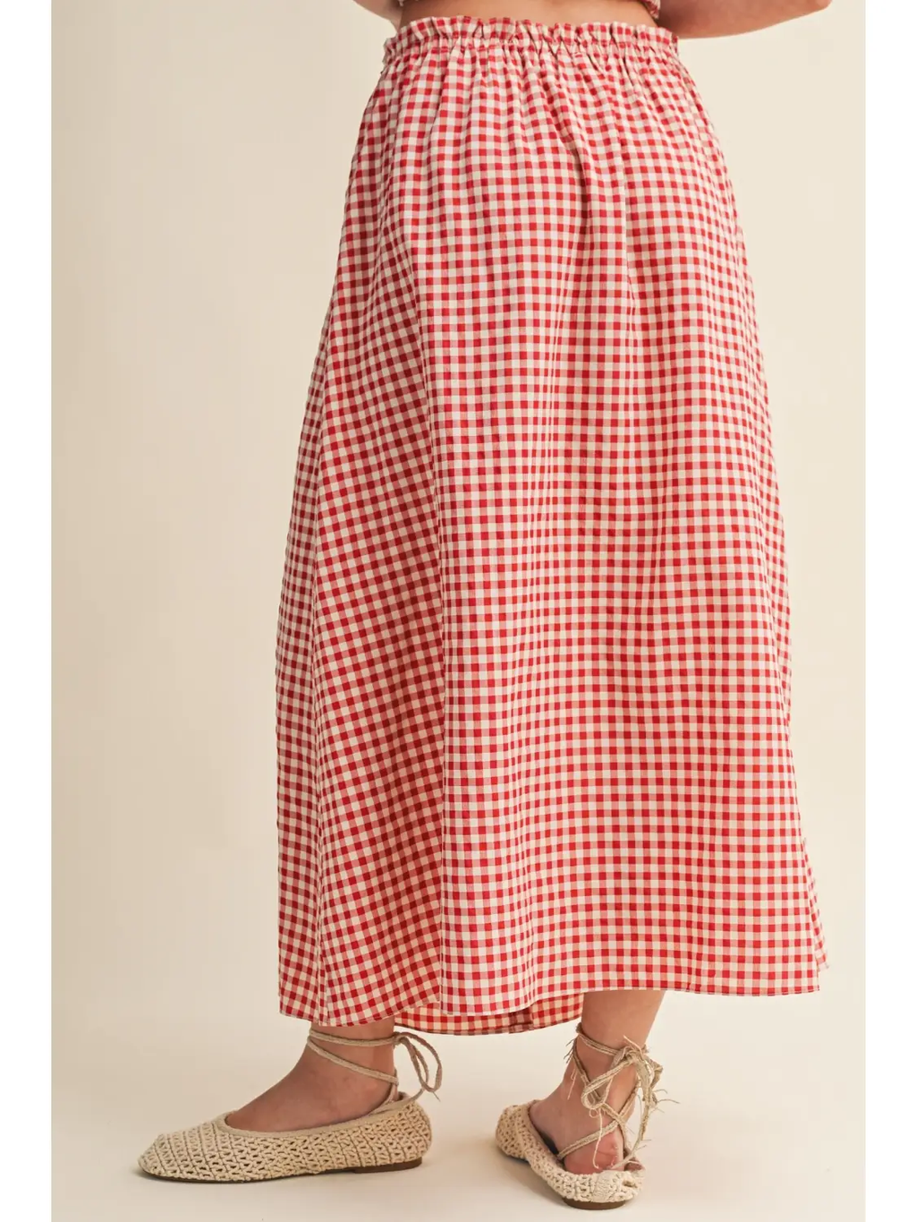 Gingham Pattern Button Front Long Skirt - RED