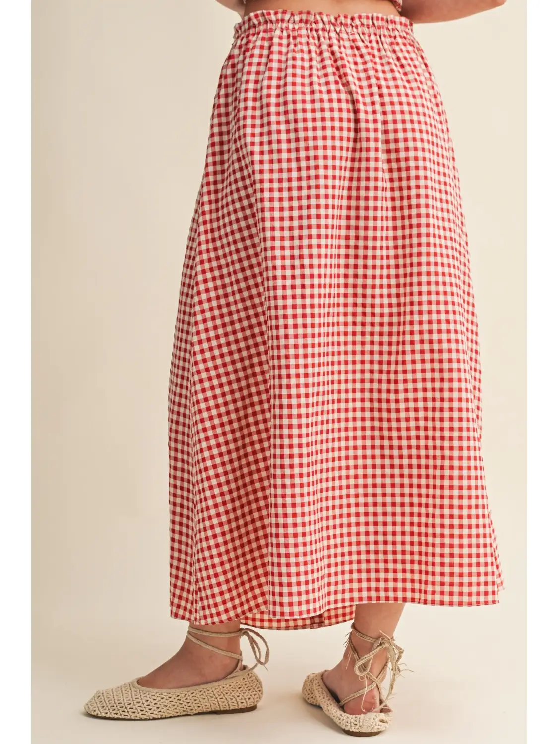 Gingham Pattern Button Front Long Skirt - RED