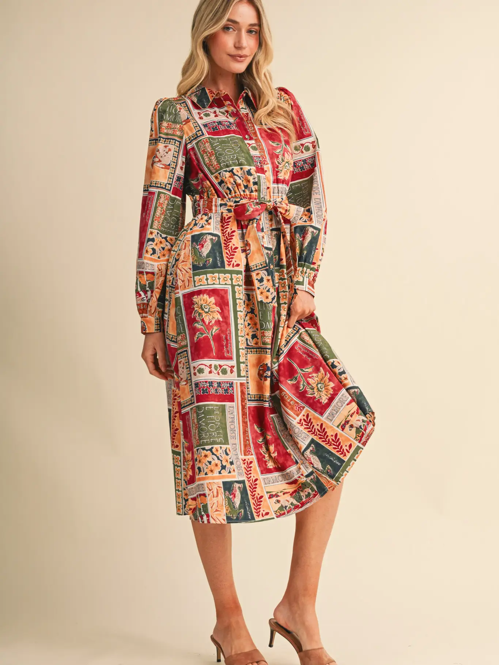 Patchwork Prt Embellished Button Dwn Belted Midi Dress
