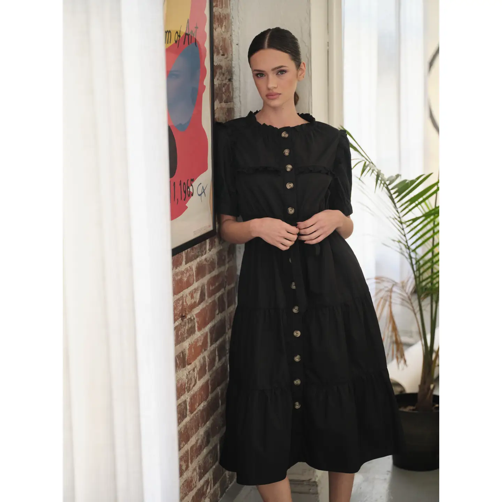 Poplin Ruffle Button Down Dress - Black