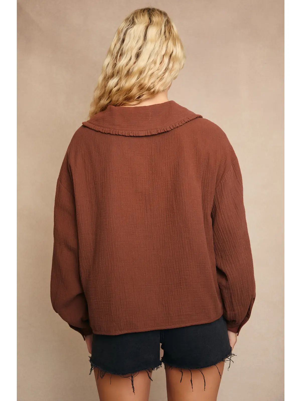 Collared Front Tie Gauze Jacket - BROWN