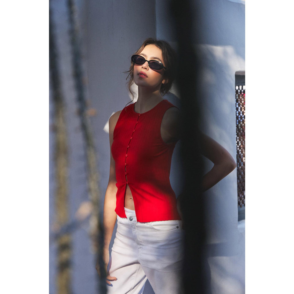 Ribbed Knit Button-Down Sleeveless Top