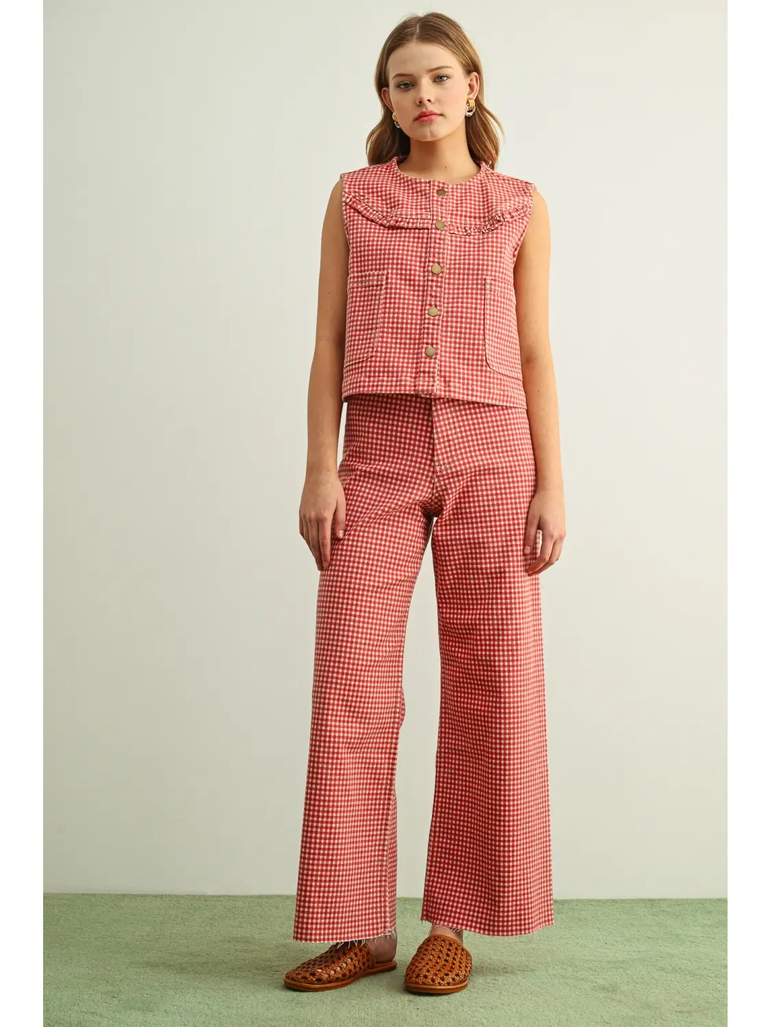 Gingham Printed Button Front Vest