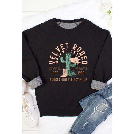 VELVET RODEO | SUNSET RIDES AND ACTIN' UP BLACK SWEATSHIRT