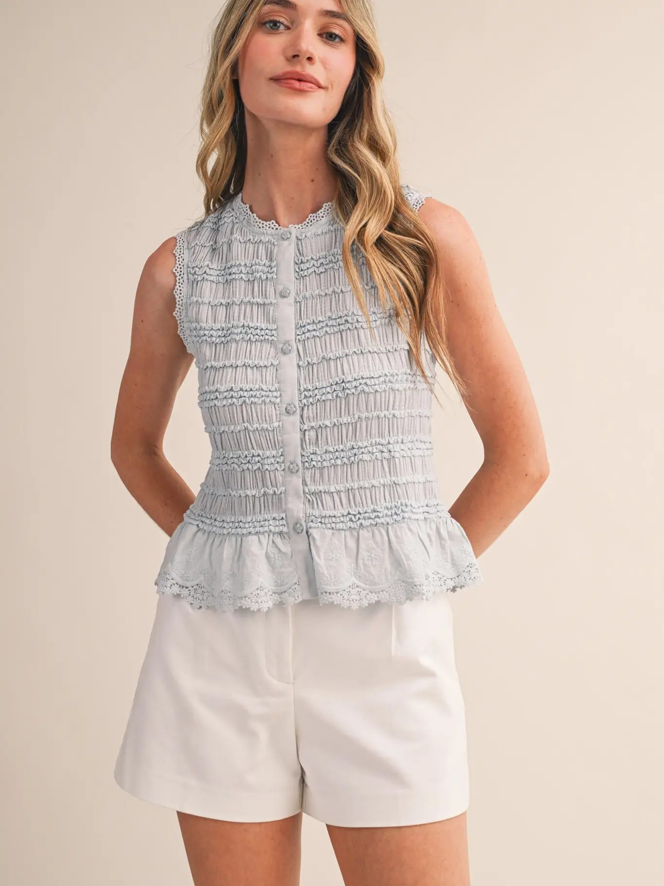 Shirred Button Down Top with Lace Trim - BLACK