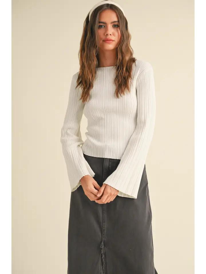 Ribbed Long Sleeve Knitted Top - Off White