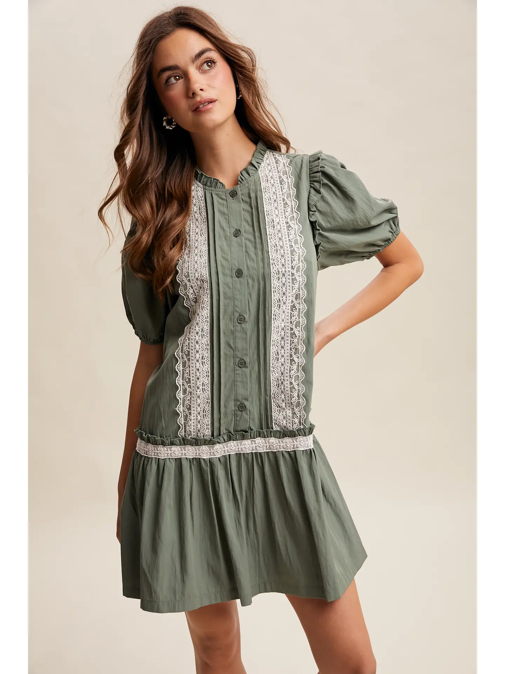 Lace Trimmed Babydoll Dress - EUCALYPTUS