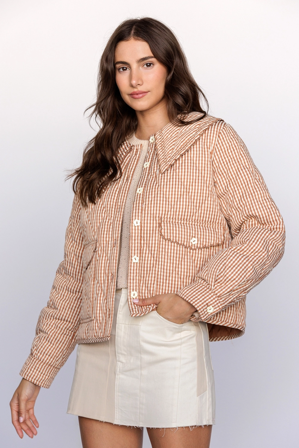 GINGHAM Quilted Jacket - Rust/Cream
