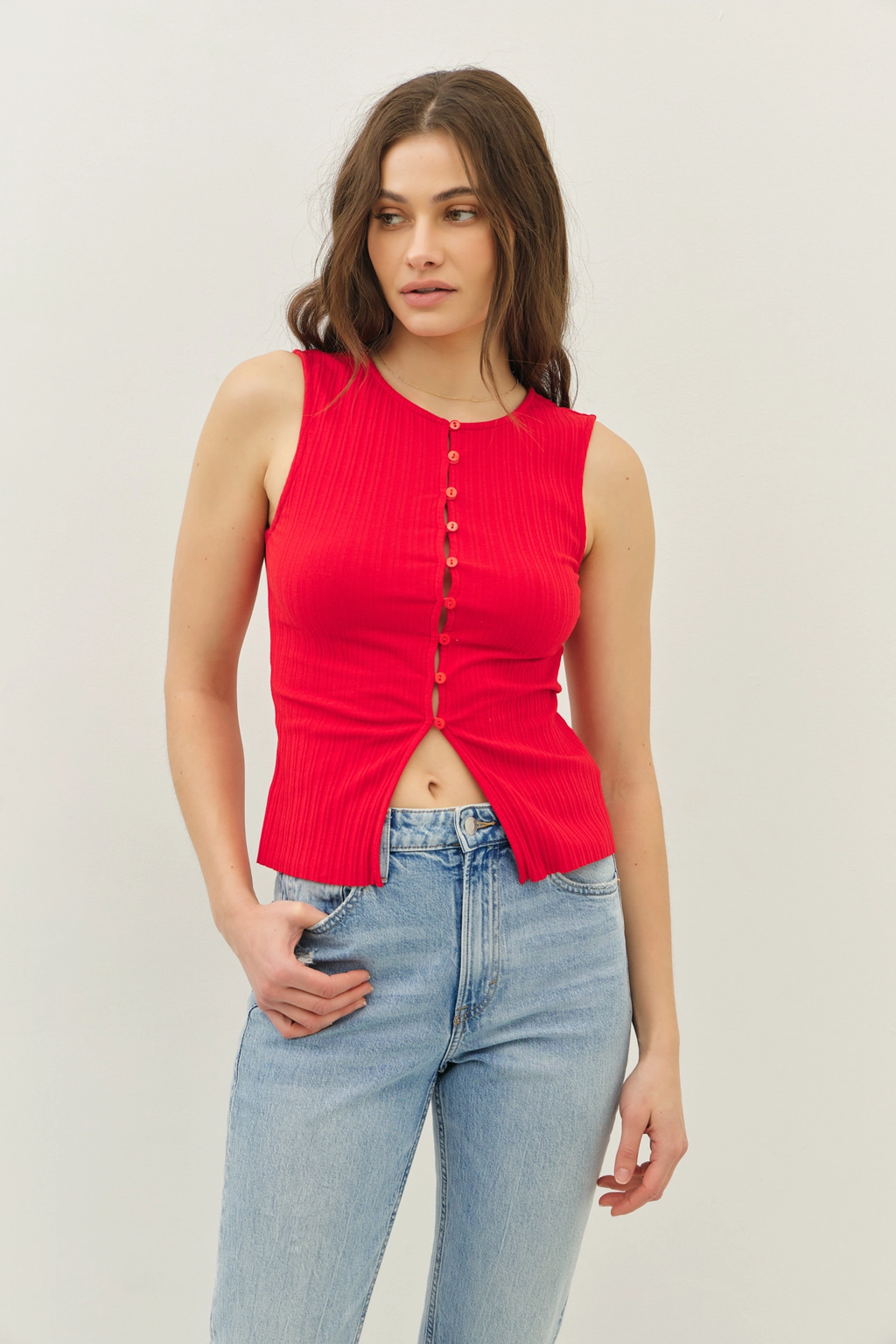 Ribbed Knit Button-Down Sleeveless Top
