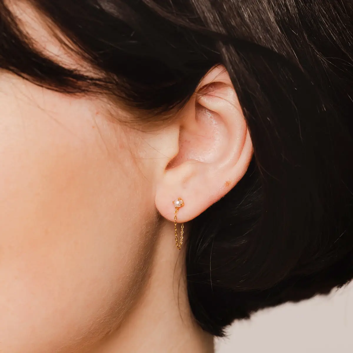 Made By Mary Pearl Chain Huggie Studs - Gold
