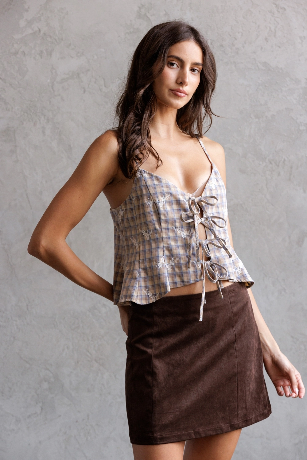 Floral Plaid Lace-Up Crop Top