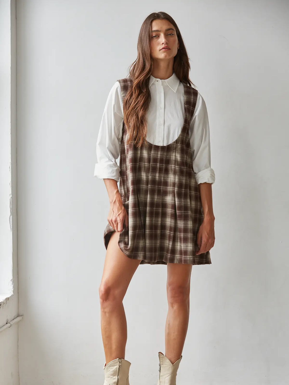 Plaid Scoop Neck Sleeveless Pleated Flare Mini