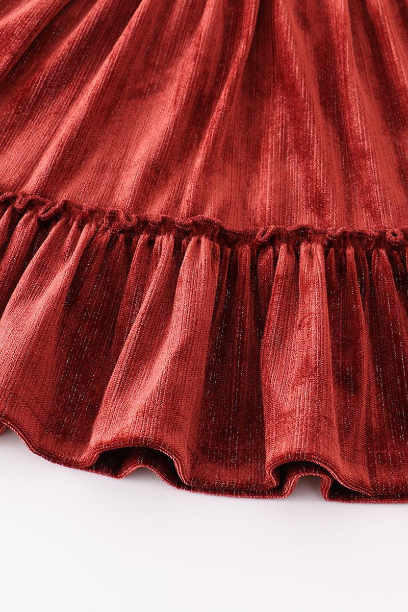 BURGUNDY VELVET RUFFLE GIRL DRESS