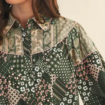 Mixed Patchwork Print Button Down Top - Green