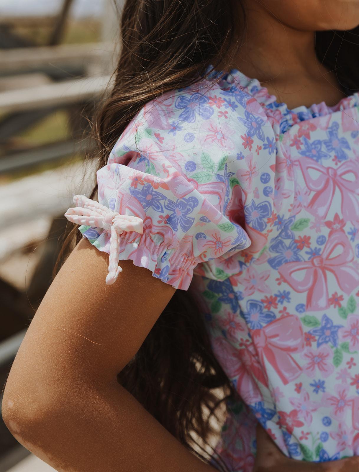 Girls Bow Blooms Puff Sleeve One Piece Swimsuit