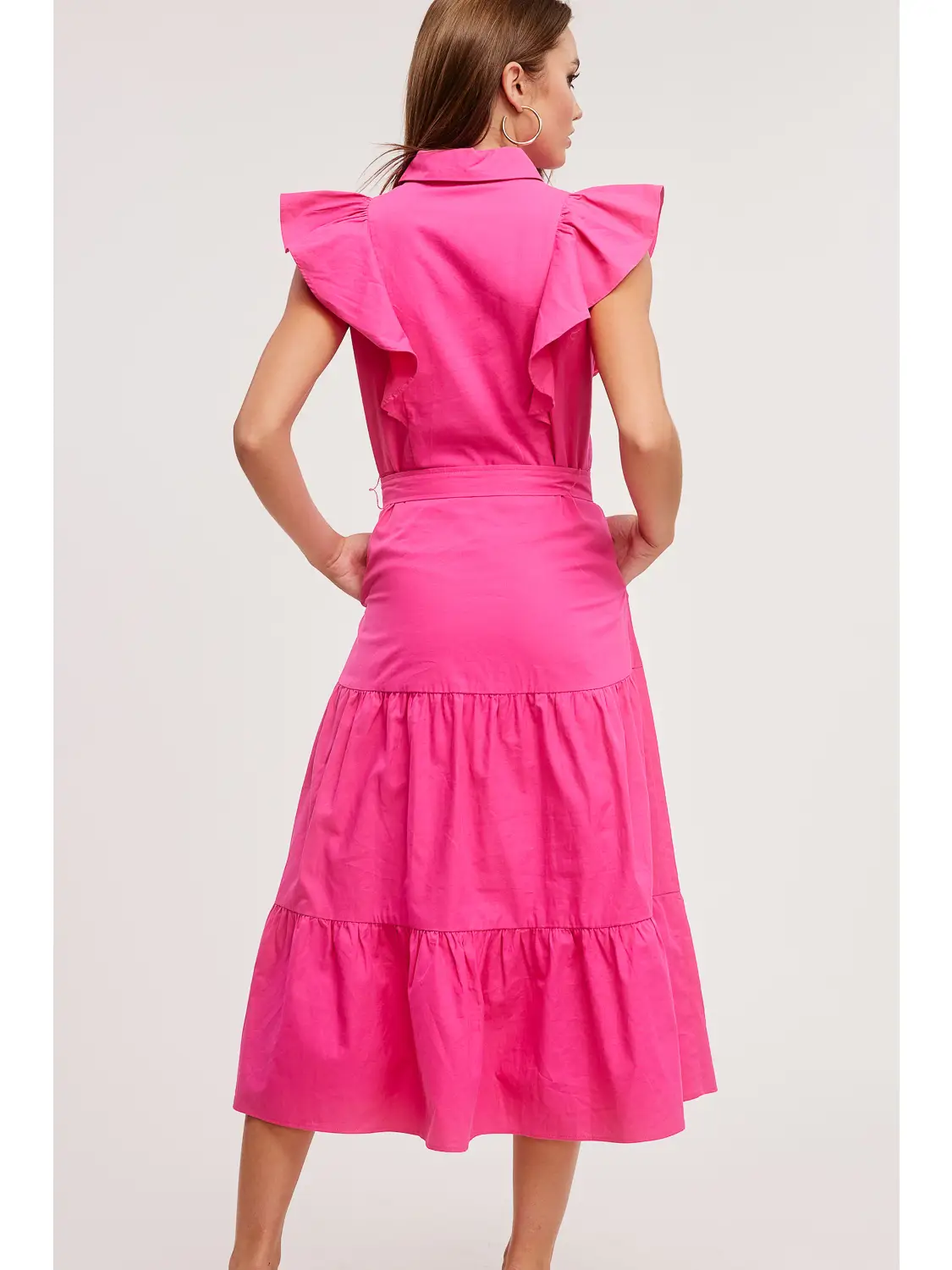 Shoulder Ruffle Button-Down Midi Dress - PINK
