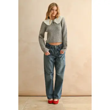 Long Sleeve Cable Knit with Crochet Collar