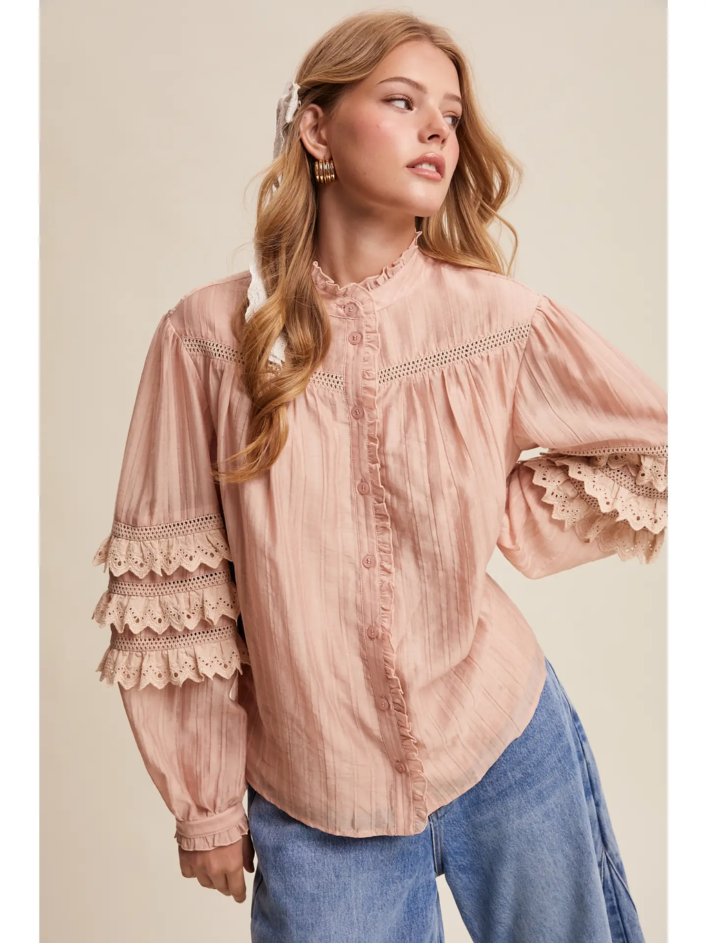 Lace Ruffle Sleeve Pintuck Blouse - BLUSH