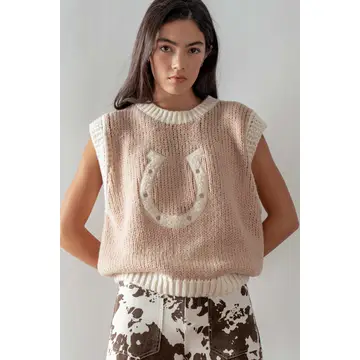 Western Horseshoe Crochet Knit Ribbed Trim Sweater Vest - MOCHA
