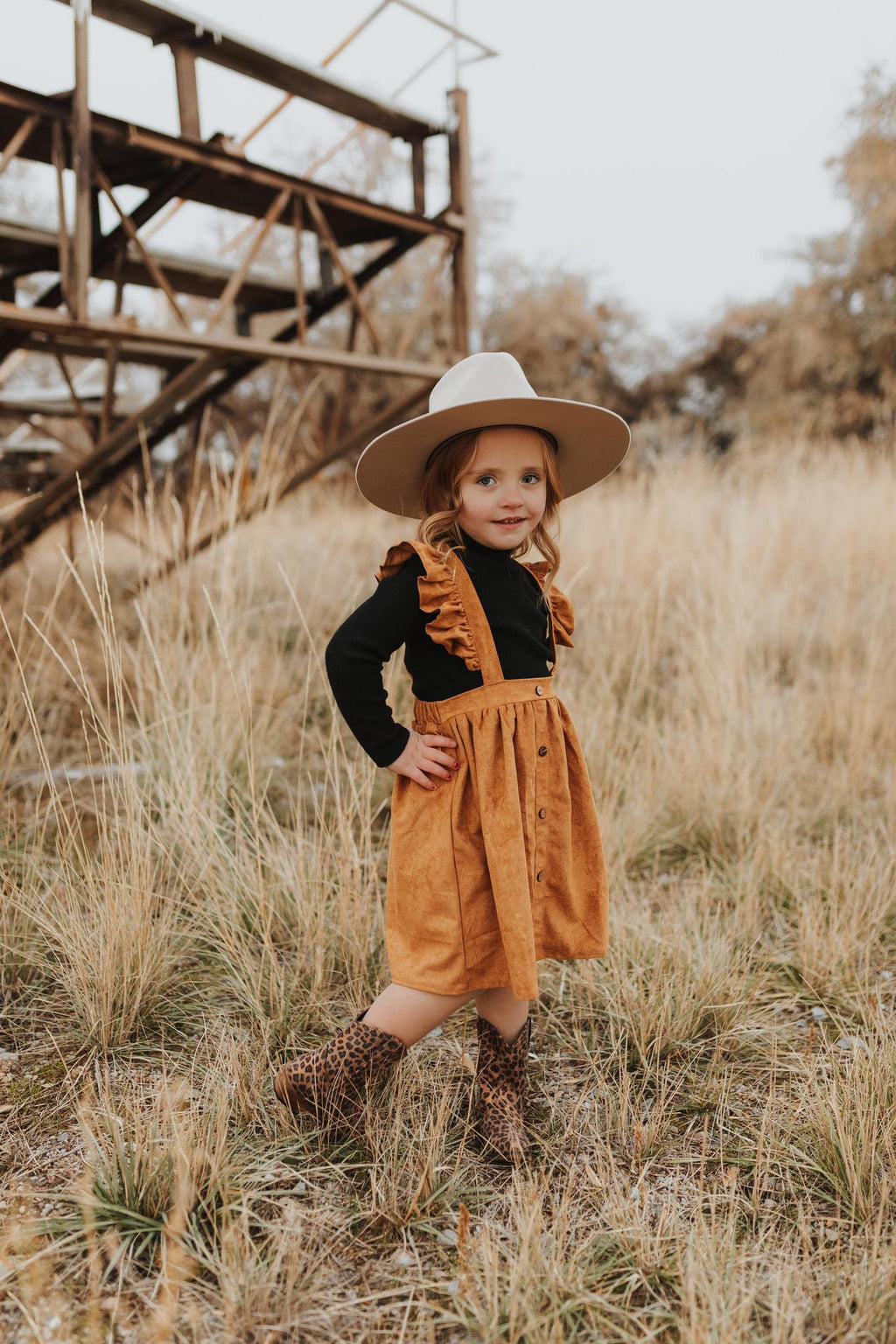 GIRLS KHAKI RUFFLE SUSPENDER DRESS