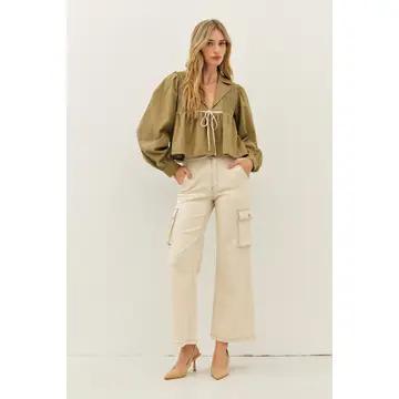Soft Linen Smocked Babydoll Open Front Blouse with Bow - Lt. Olive