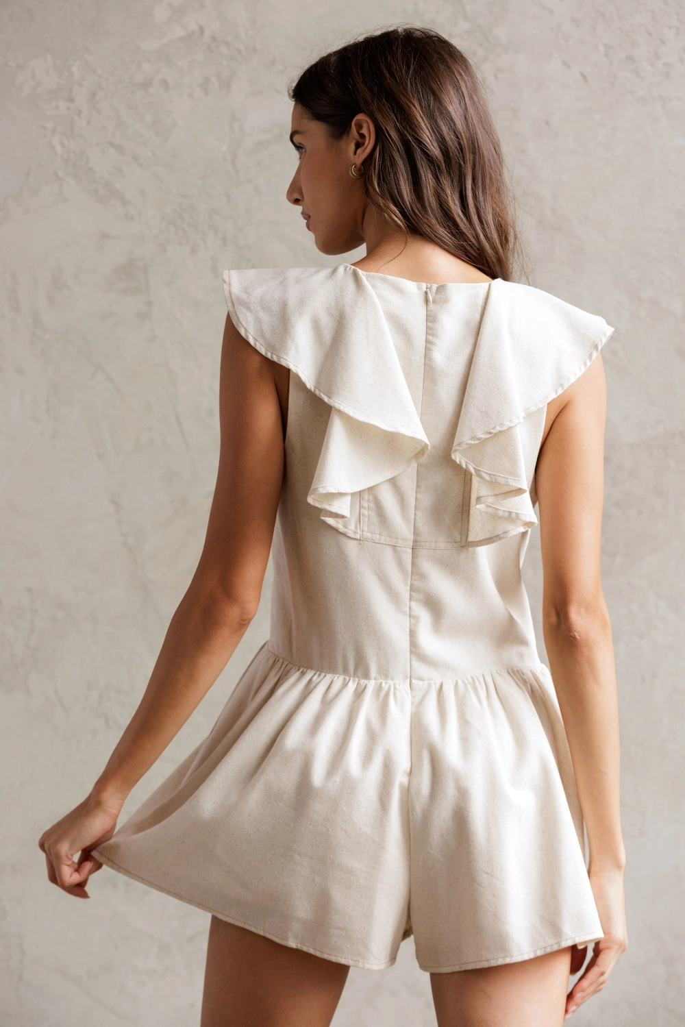 Sleeveless Ruffle Collar Romper - Sand