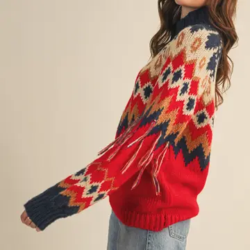Mock Neck Fair Isle Fringe Sleeve Sweater