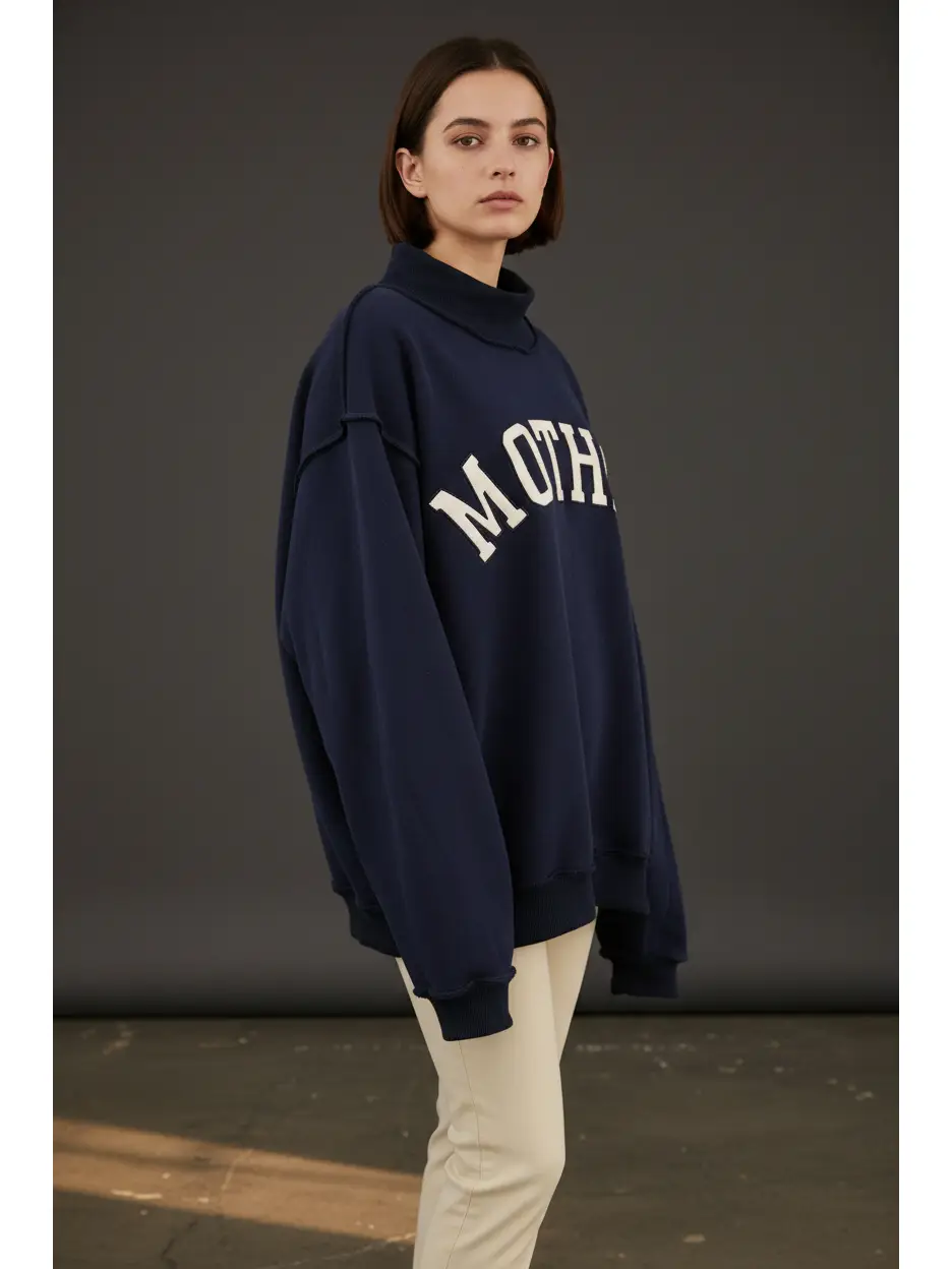 MOTHER | 'mother' Embroidered Mock Neck Sweatshirt - NAVY