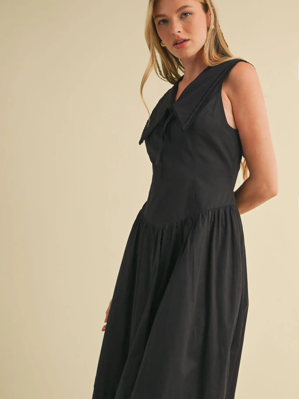 Doll Collar Lace Trim Midi Dress - BLACK