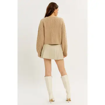 Warm Hug Cable Sweater Cardigan with Ribbon Tie - LATTE