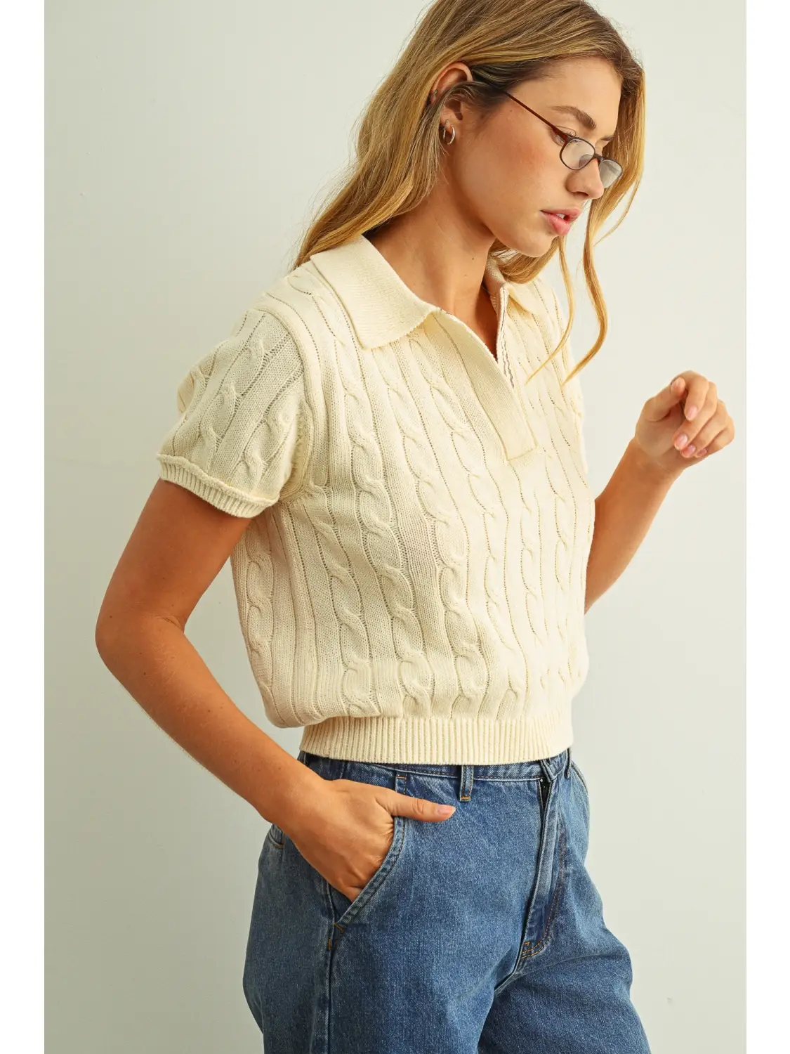 Short Sleeve Cable Knitted Polo Shirts - BEIGE/BROWN