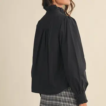 Ruffled Lace Trim Button Down Top - Black