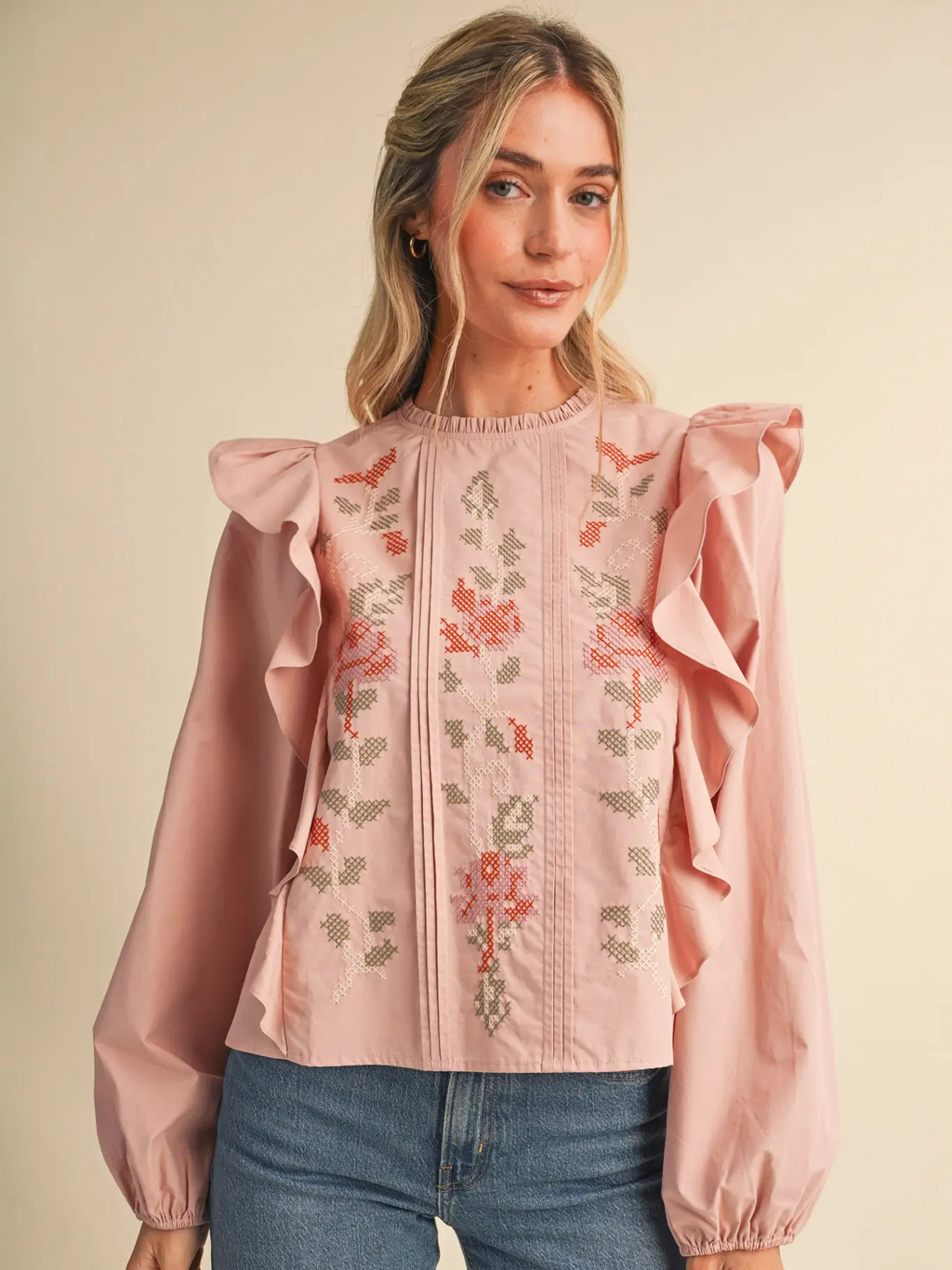 Floral Cross Stitch Ruffled Top - DUSTY ROSE