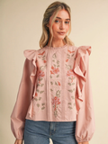 Floral Cross Stitch Ruffled Top - DUSTY ROSE