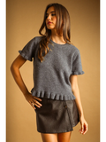 Ruffle Hem Short Sleeve Sweater Top - CHARCOAL