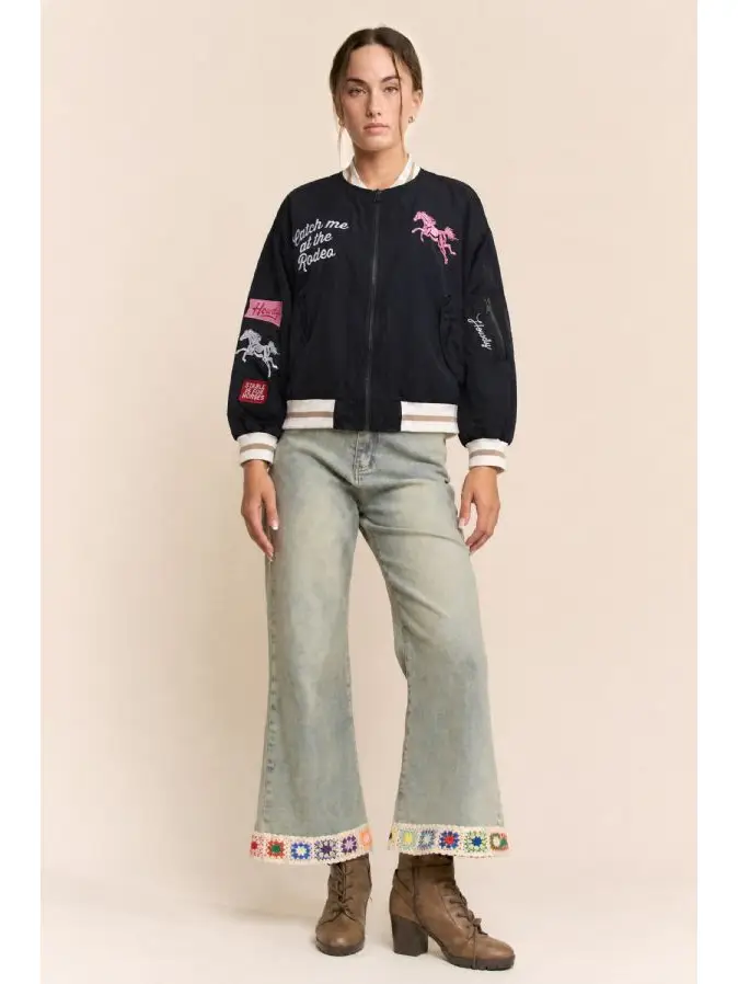 Retro Rodeo Embroidered Bomber Jacket - BLACK