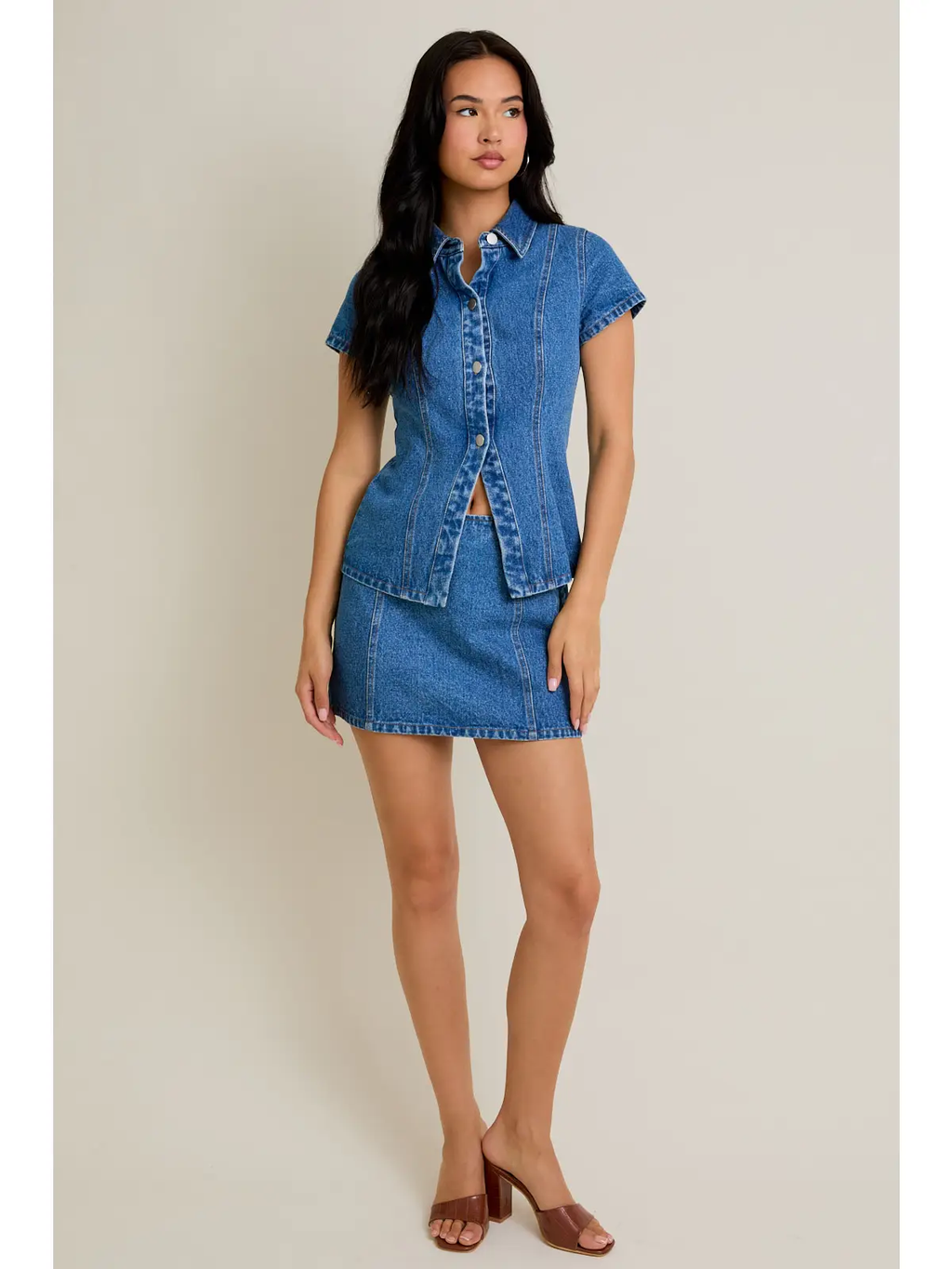 Short Sleeve Button Front Denim Top