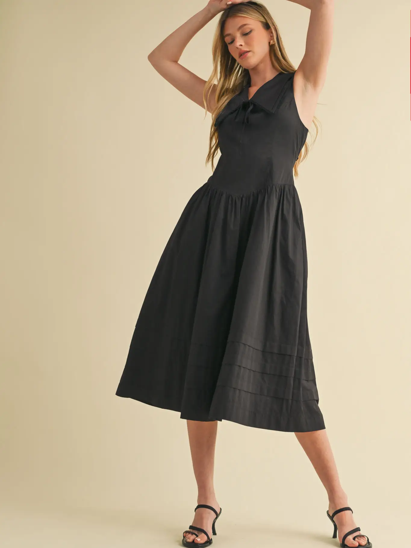 Doll Collar Lace Trim Midi Dress - BLACK